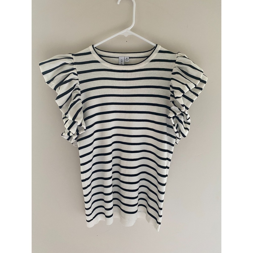Grace Karin Womens Striped Ruffle Sleeve Sweater Top Navy White Knit Medium